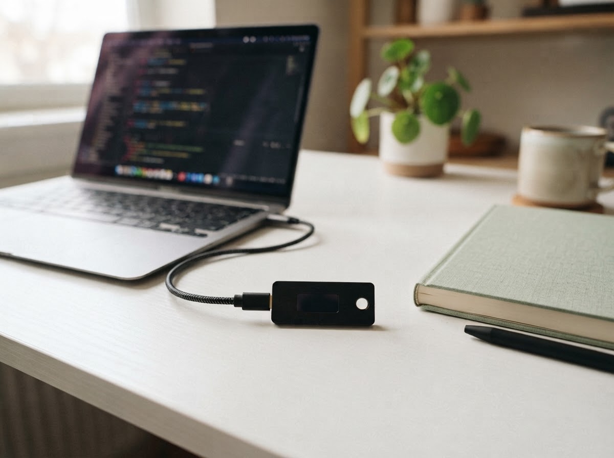A hardware wallet connected to a laptop on a clean desk
