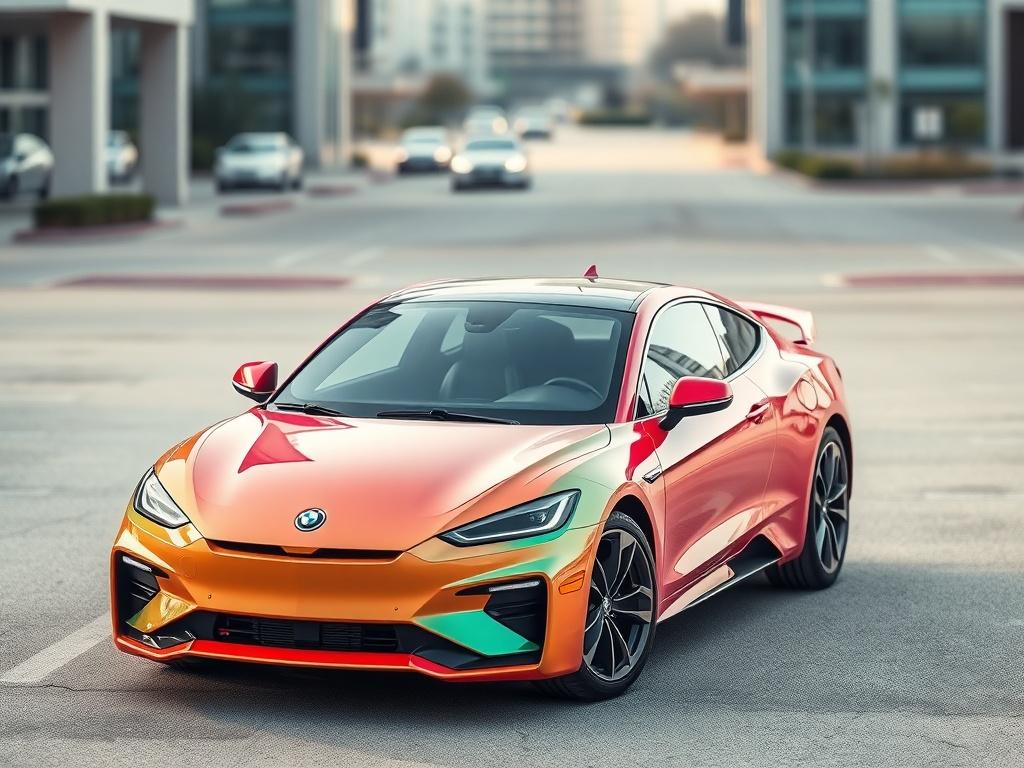 A realistic high-resolution photo of a modern automobile, featuring a sleek design with vibrant colors. The car is parked on a clean, minimalistic street setting with a blurred urban background. The focus is solely on the automobile, showcasing its curves and details in extreme detail, with bright lighting that enhances its features.