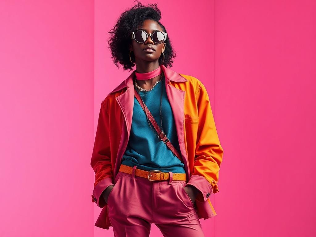 A stylish model showcasing a vibrant outfit, standing against a minimalistic background with clean lines. The focus is on the colorful clothing and accessories, capturing the essence of modern fashion. The composition should highlight the outfit's details and textures, ensuring the model's pose is confident and striking. The background should be softly blurred to emphasize the subject, using bold vibrant colors that align with the primary color rgb(162, 175, 127).