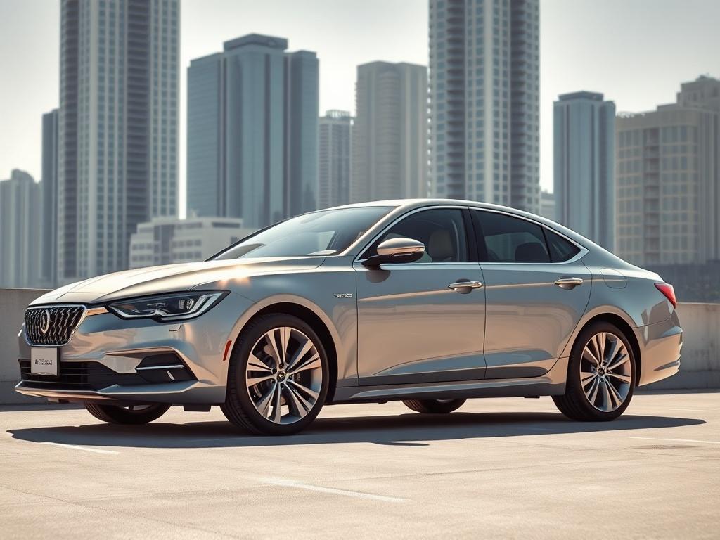 A luxurious sedan parked in a minimalist, modern urban setting