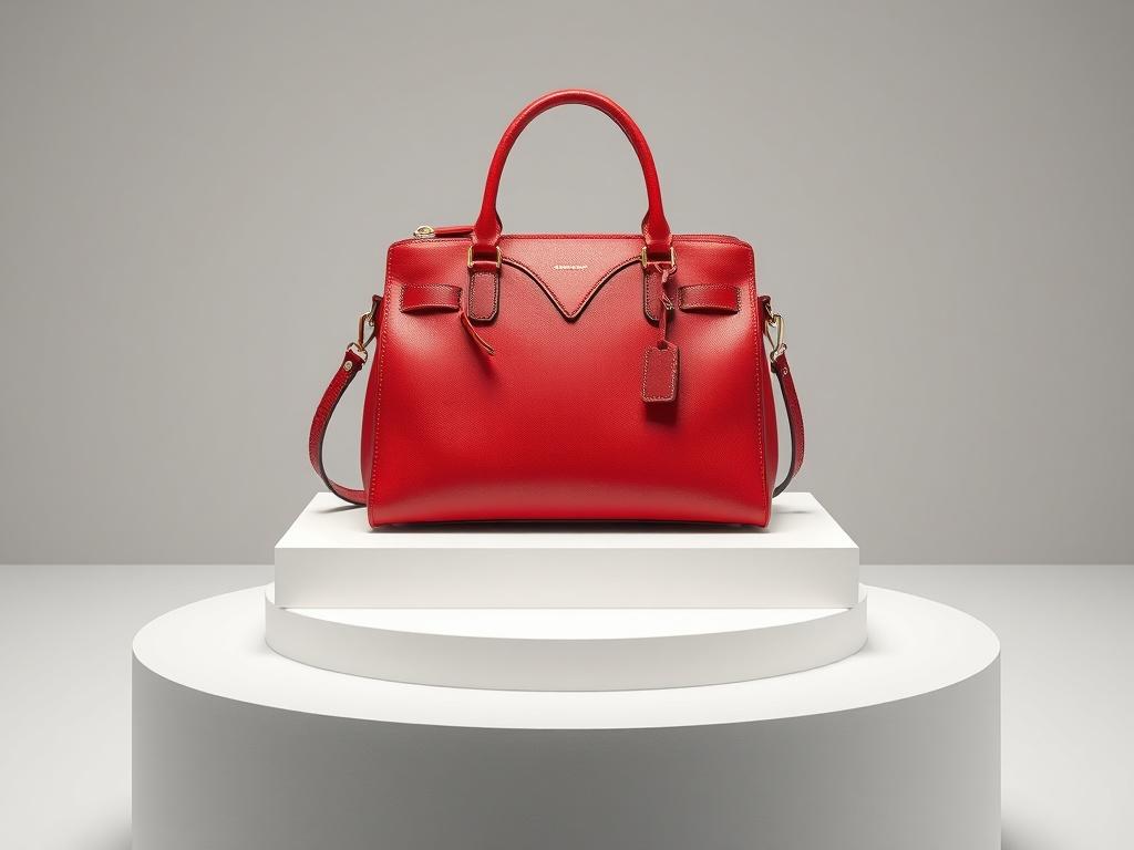 A stylish designer handbag displayed on a minimalist pedestal against