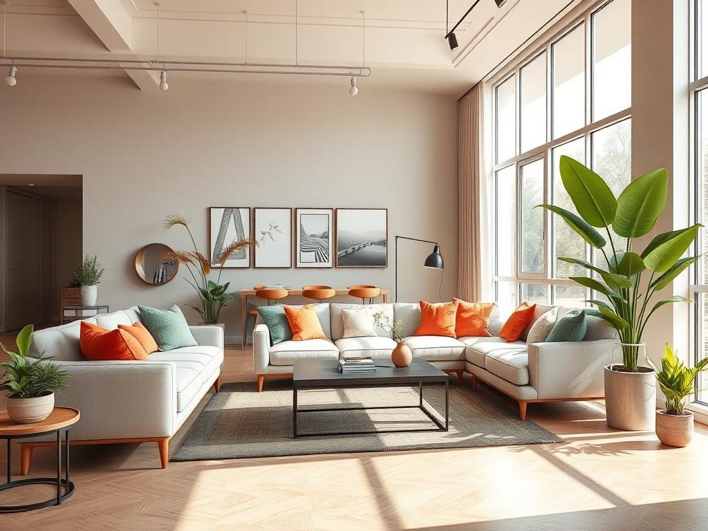 A modern and elegant apartment interior featuring a spacious living area with contemporary furniture, large windows allowing natural light, and a minimalistic design. The background shows a well-decorated space with vibrant colors and clean lines, focusing on essential elements like a stylish sofa, coffee table, and decorative plants, creating a welcoming atmosphere.