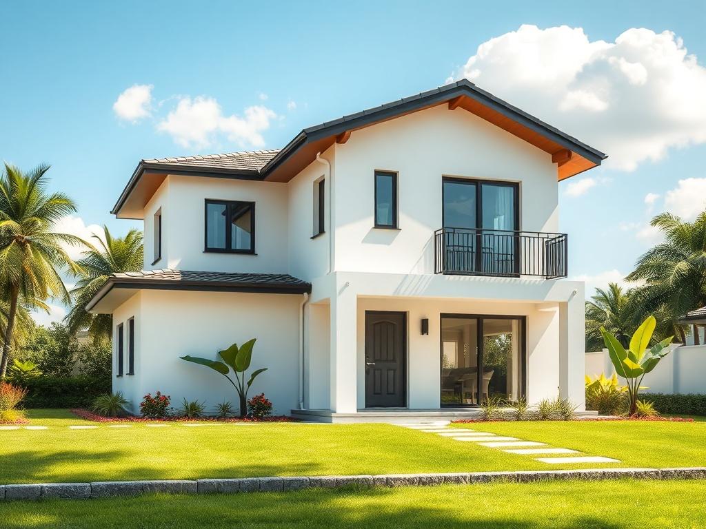 A realistic high-resolution photo of a beautiful property for sale, featuring a modern house set in a lush green environment. The house should be well-lit, showcasing its elegant architecture with clean lines. The background should include a blue sky and a few fluffy clouds, with vibrant greenery surrounding the property. The image should focus on the house as the main subject, highlighting its inviting exterior.