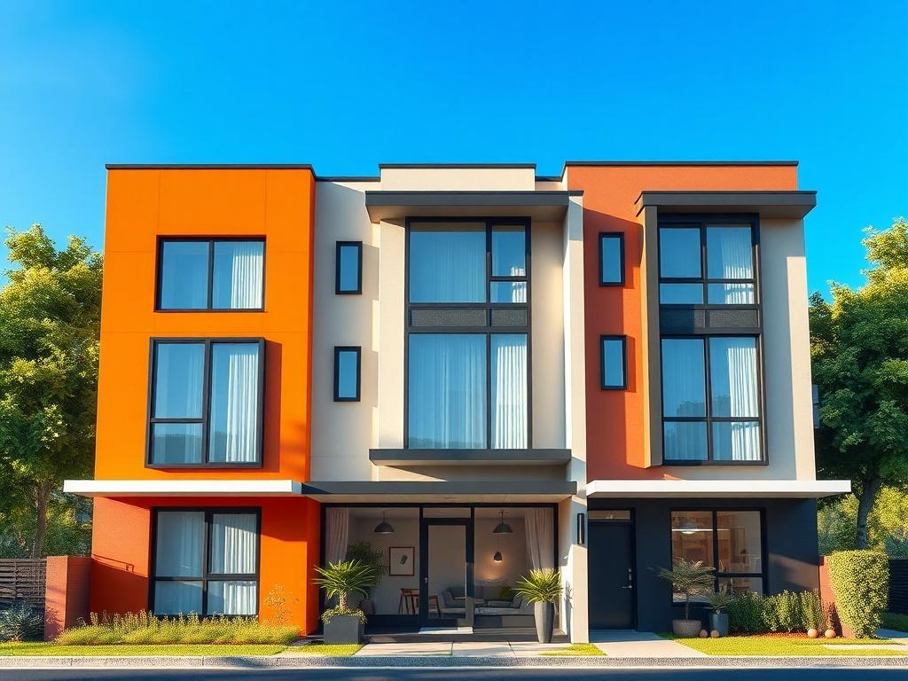 A high-resolution image of a modern rental property showcasing a stylish apartment exterior with large windows and a welcoming entrance. The background features a clear blue sky and lush greenery, emphasizing the property's appeal. The composition is minimalistic, focusing solely on the rental property, with vibrant colors that highlight the modern architecture.
