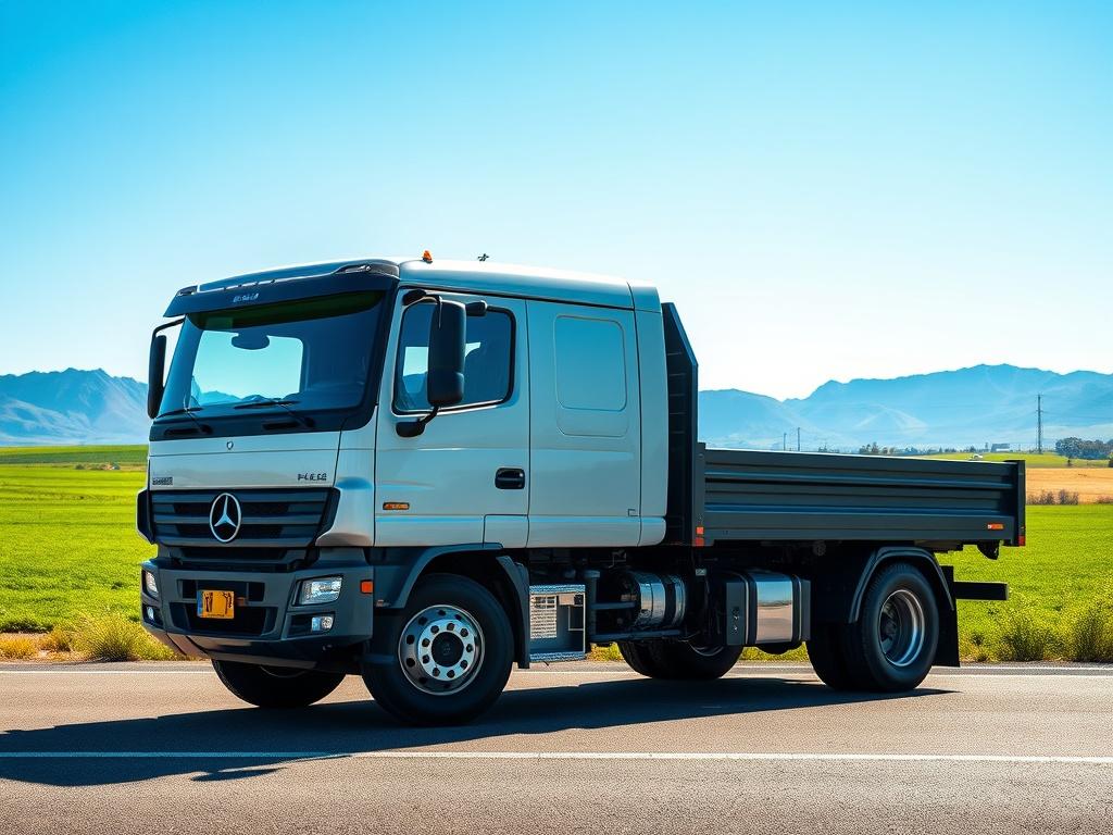 A realistic high-resolution image of a modern truck parked on an open road under a clear blue sky. The truck should be the central focus, showcasing its sleek design and rugged features. The background should consist of lush green fields and distant mountains, emphasizing the truck's capability for both urban and off-road environments. The image should be vibrant, with bold colors highlighting the truck’s details, and clean lines to create a minimalistic yet captivating look.