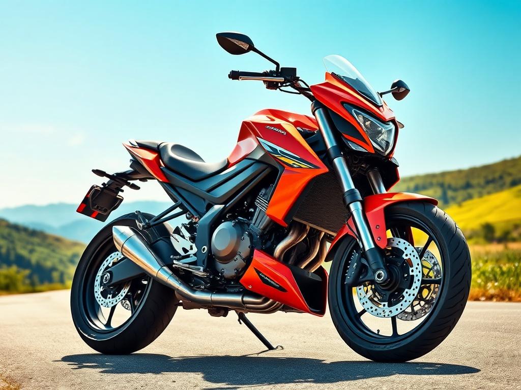 A stunning motorcycle parked on a scenic road, showcasing its sleek design and vibrant colors. The background features a clear blue sky and lush green hills, emphasizing the freedom of riding. The motorcycle is the sole focus of the image, rendered in extreme detail with photorealistic quality, highlighting its shiny chrome parts and smooth lines.