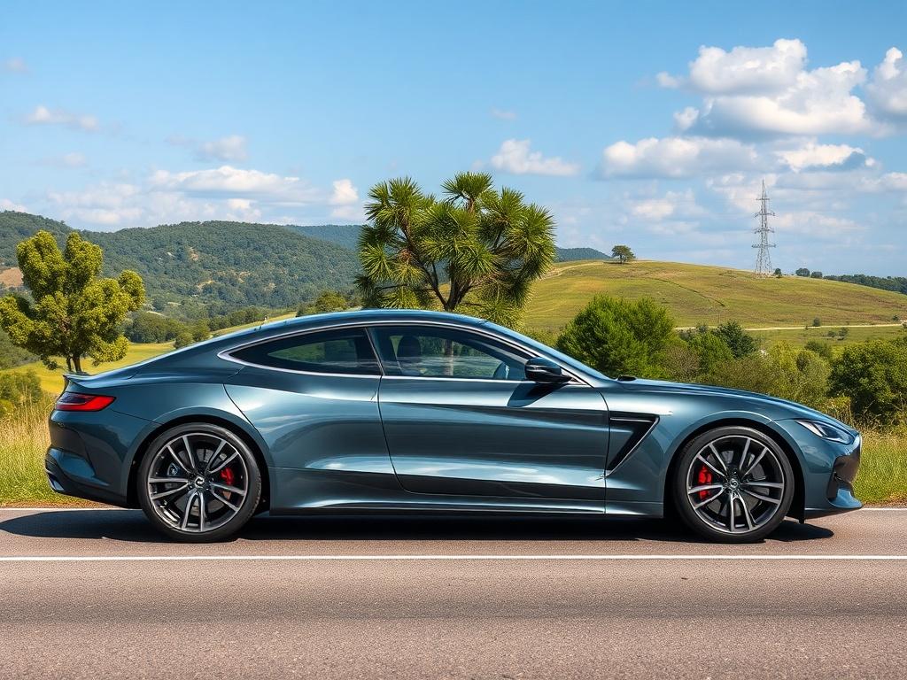 A photorealistic image of a sleek, modern car parked on a scenic road. The car should be the focal point, showcasing its glossy finish and stylish design. The background should feature a beautiful landscape with blue skies and lush greenery, emphasizing the car's elegance and inviting nature. The composition should be minimalist, highlighting the car's lines and details without any distractions.
