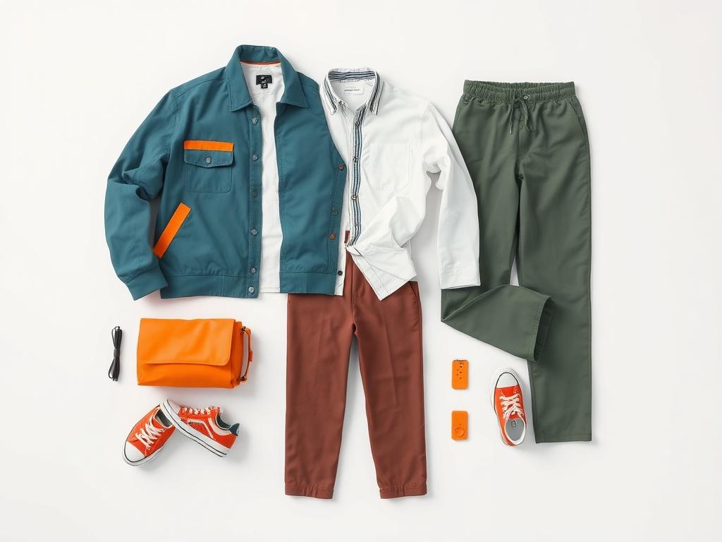 A high-resolution image of a stylish outfit displayed on a clean, minimalistic background. The outfit should feature a vibrant, modern design with bold colors, showcasing both casual and formal elements. Focus on a single outfit that is perfectly arranged, highlighting the fabric texture and quality. The background should be soft and neutral, allowing the colors of the outfit to pop, with soft lighting to enhance the details.