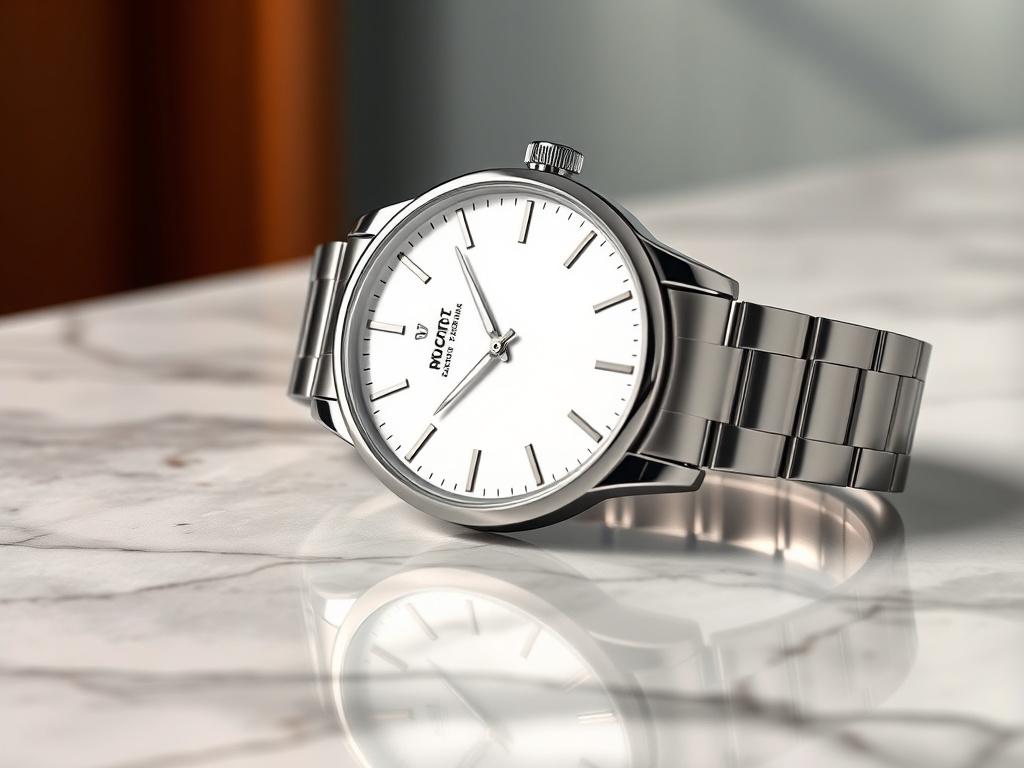 A realistic high-resolution photo of a stylish wristwatch on a clean marble surface. The watch should have a sleek design with a silver stainless steel strap and a minimalist face featuring a simple dial in white. The background should be softly blurred to emphasize the watch, with the focus on its details and craftsmanship. Use bold vibrant colors that complement the watch's design, ensuring the image is lifelike and captures the elegance of the product.
