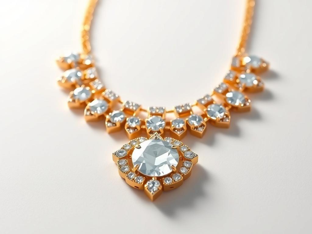 A close-up shot of a luxurious gold necklace adorned with sparkling diamonds, elegantly displayed on a minimalistic white background. The necklace is the sole focus, showcasing its intricate design and shine. The lighting is soft yet bright, enhancing the details and textures of the jewelry, creating a lifelike appearance.