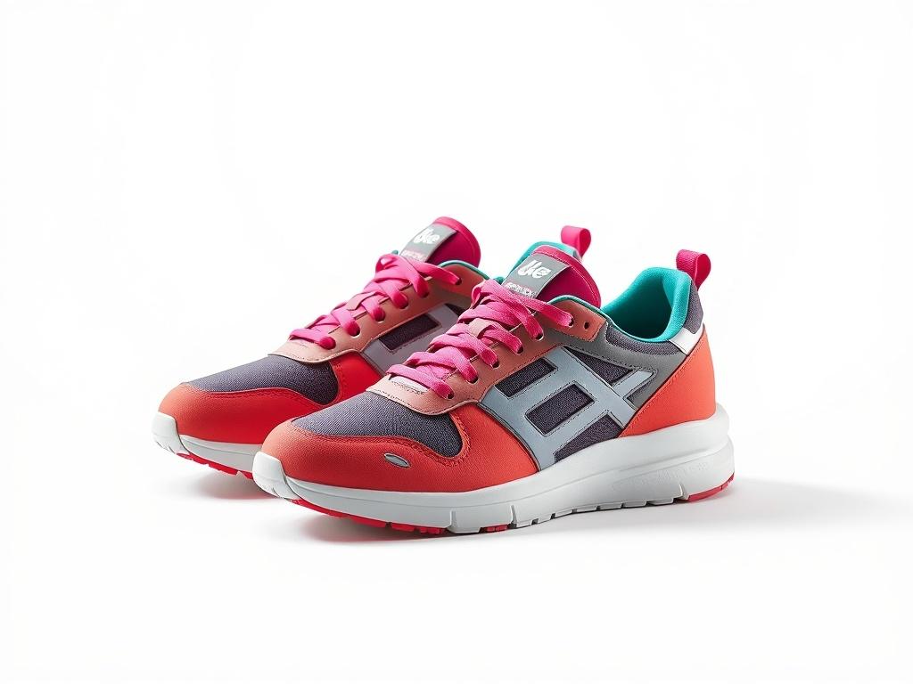 A high-resolution photo of a pair of stylish sneakers positioned on a clean, white background. The sneakers are modern, featuring a sleek design with vibrant colors, showcasing their comfortable and fashionable nature. The lighting is bright and even, emphasizing the details and textures of the shoes, ensuring they stand out as the focal point of the image.