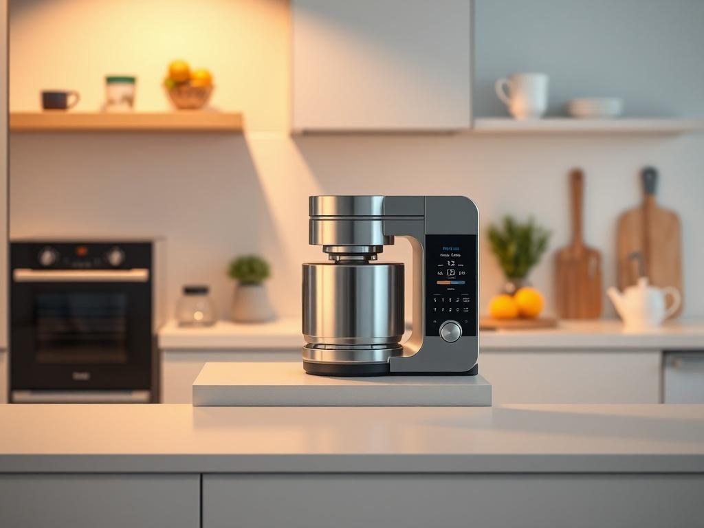 A realistic high-resolution photo of a modern kitchen appliance, featuring a sleek and stylish design. The appliance should be the focal point, placed on a minimalistic kitchen counter with clean lines. The background should showcase a well-organized and bright kitchen environment with bold vibrant colors, emphasizing the appliance's functionality and elegance.