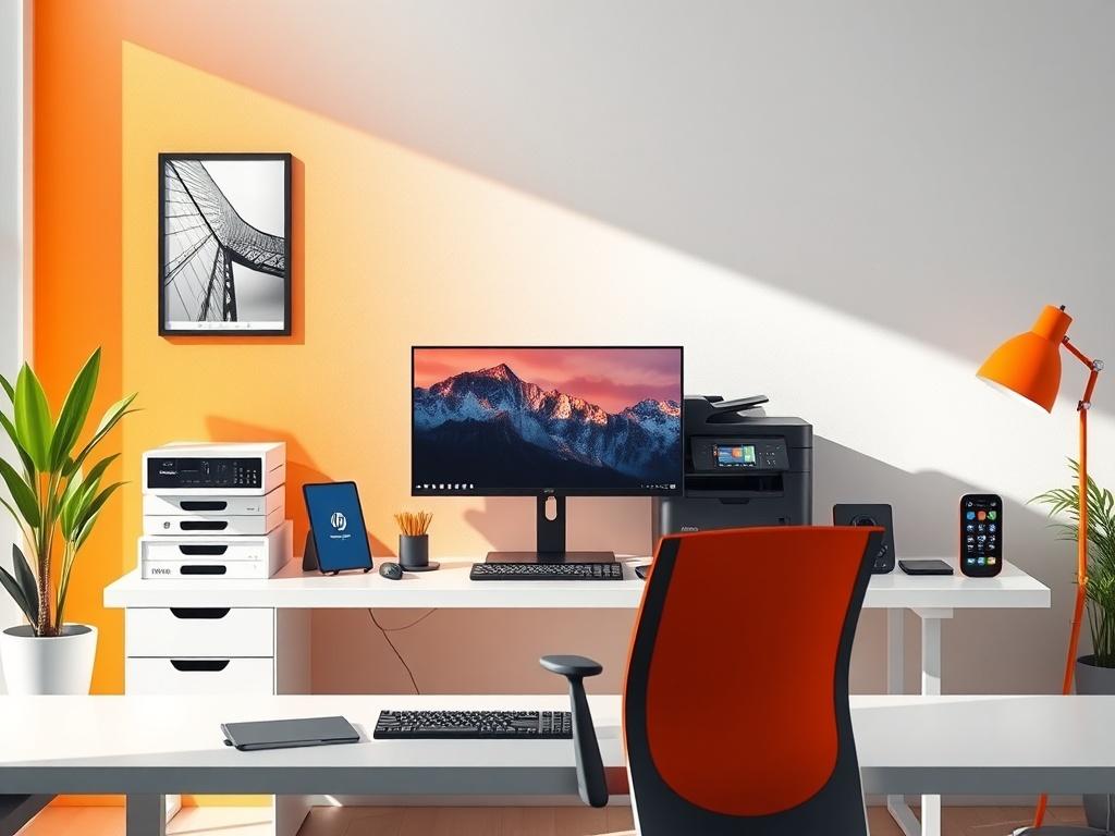 A sleek modern office setup featuring a high-performance computer, a multifunction printer, and ergonomic office accessories. The scene is bright and inviting, with a minimalistic desk design and vibrant colors that pop against a clean, simple backdrop. The focus should be on the technology and workspace, showcasing the functionality and elegance of the office electronics.
