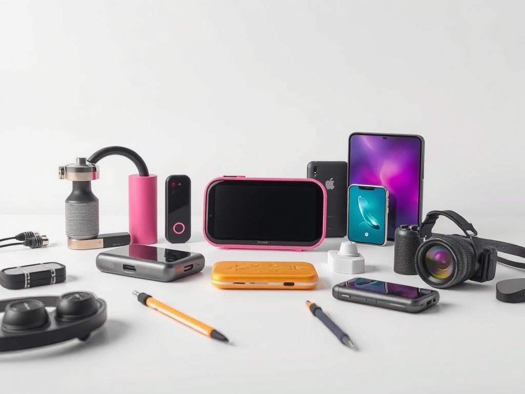 A realistic high-resolution photo featuring an assortment of unique electronic gadgets and accessories. The composition focuses on one innovative gadget in the center, showcasing its sleek design and functionality. The background is minimalistic and clean, emphasizing the vibrant colors of the gadget. Ensure there are no other items cluttering the image, creating a simple and clear presentation.