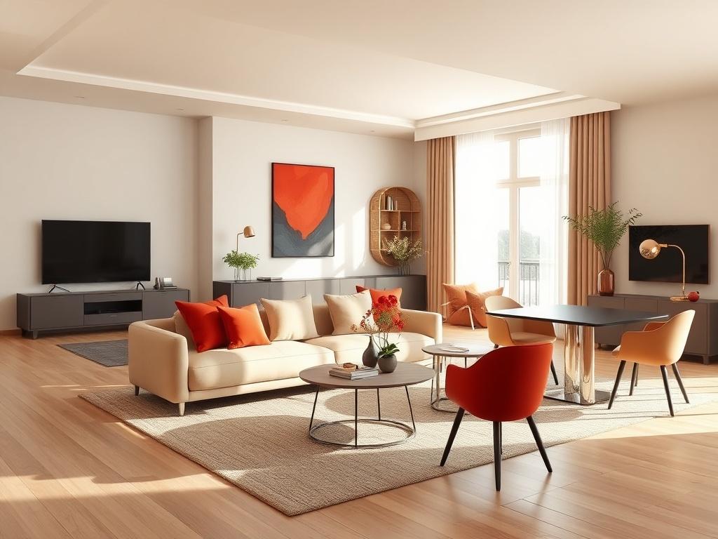 A beautifully arranged living room showcasing a modern sofa, elegant dining table, and stylish chairs. The design is minimalistic with clean lines, focusing on vibrant colors like deep red and soft beige. Natural light filters in through a large window, casting gentle shadows and creating a warm, inviting atmosphere.