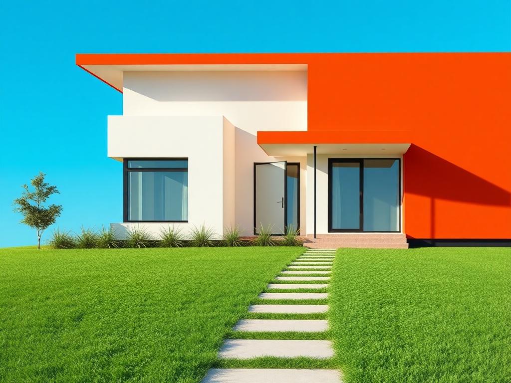 A high-resolution image of a modern residential home with a clean design, set against a bright blue sky. The house should be the focal point, showcasing sleek lines and vibrant colors. In the foreground, include a well-manicured lawn and a pathway leading to the entrance. The background should be minimalistic, highlighting the house in a visually appealing way, with no text or abstract shapes.