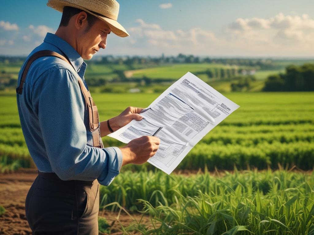 A close-up shot of a farmer inspecting a field with compliance documents in hand, showcasing sustainable farming practices. The background features a lush green landscape with clear blue skies, emphasizing environmental responsibility. The image is captured with a 45mm f/1.2 lens, creating a hyper-realistic effect, with vivid details and natural colors.