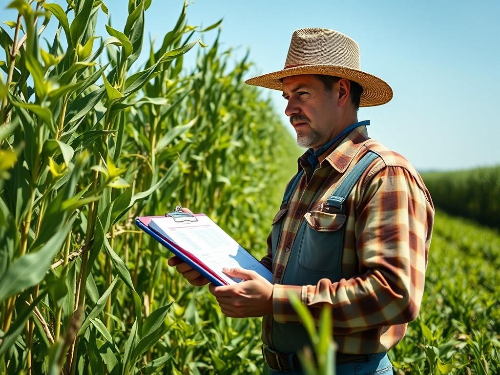 A close-up shot of a lush, green farm landscape with clear delineation of crop fields and natural vegetation. The image captures a single farmer reviewing a farm environment plan on a clipboard, surrounded by healthy crops under a bright blue sky. The focus is on the farmer engaged in thoughtful planning, showcasing the importance of sustainable farming practices. The background is simple and serene, emphasizing the connection between agriculture and environmental management.