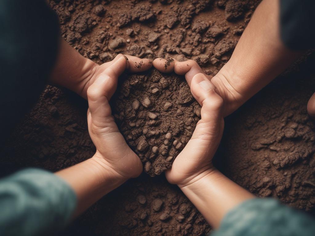 farmer inspecting soil, hands in fertile earth, healthy crops in