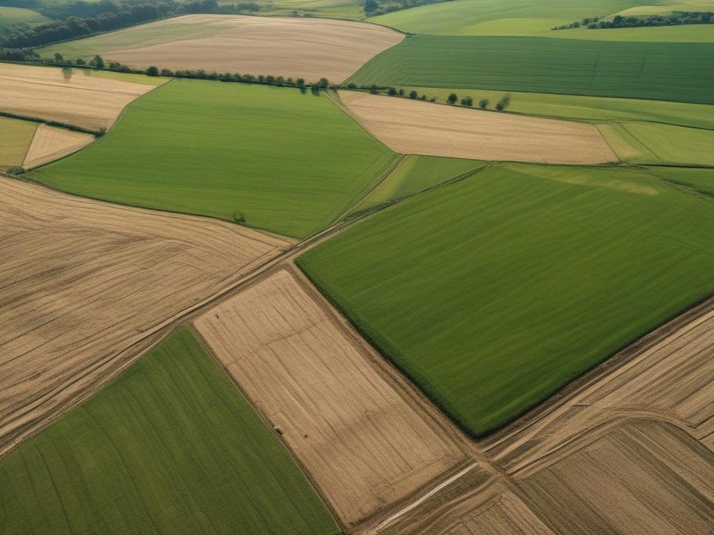 aerial view of farmland, lush green fields, clear blue sky,