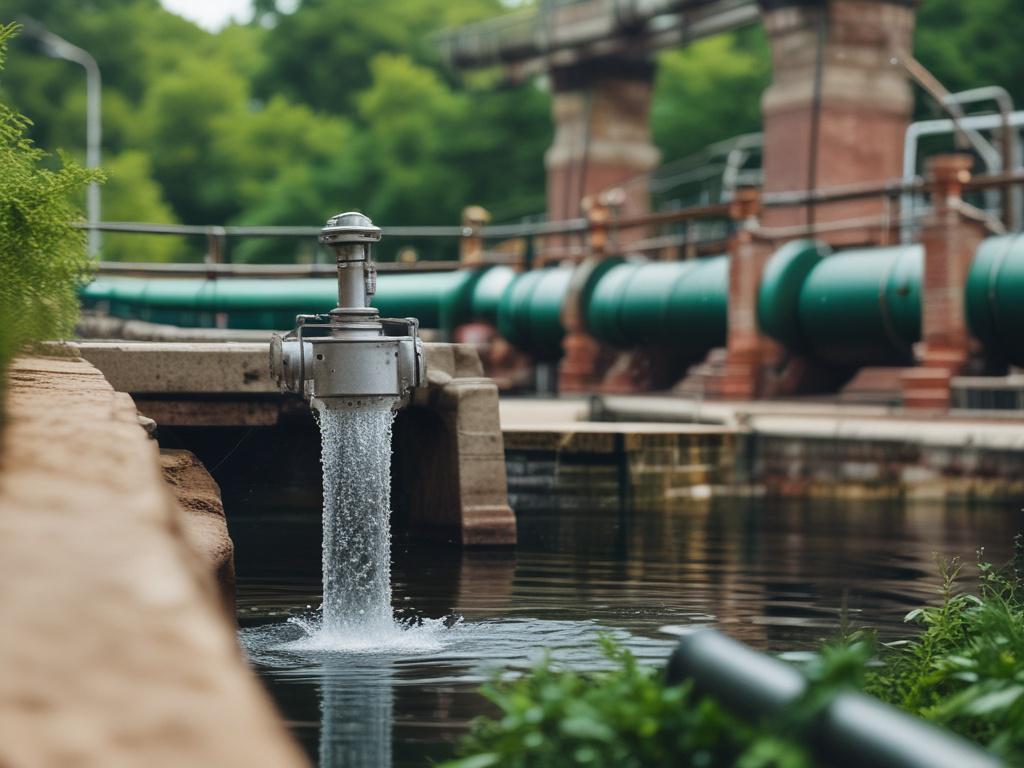 A close-up shot of a river with clear flowing water and a lush green landscape in the background. The focus is on a water intake structure with pipes leading from the river to an irrigation system, showcasing the connection between the natural water source and agricultural land. Shot with a 45mm f/1.2 lens to create a hyper-realistic effect, emphasizing the clarity of the water and the vibrant greenery surrounding the scene.