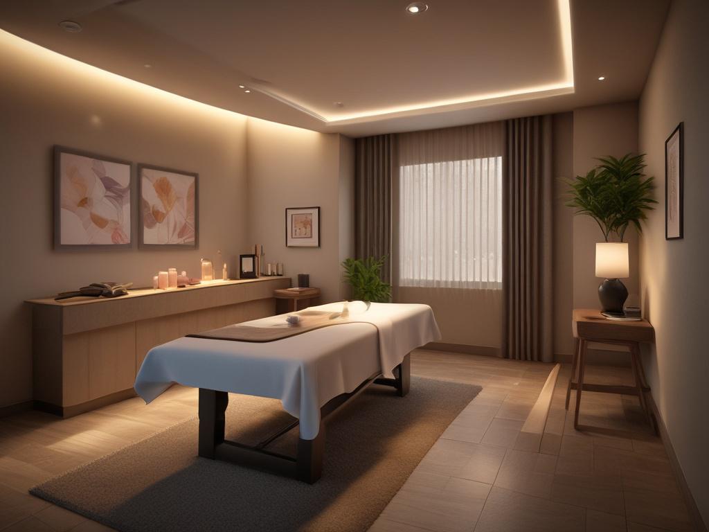 An inviting massage room featuring soft lighting and calming decor