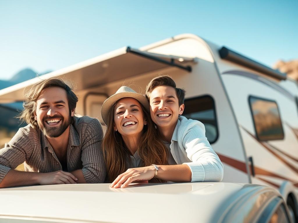 A close-up shot of a family happily enjoying an RV, parked in a scenic location, with beautiful mountains in the background. The focus is on the family's joyful expressions, showcasing the freedom and adventure of RV travel. The RV should look inviting and spacious, with a modern design, under a clear blue sky.