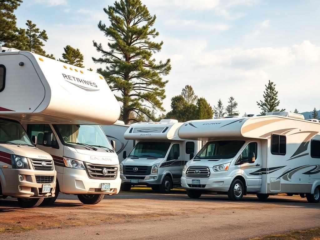A close-up shot of several RVs lined up in a picturesque outdoor setting, showcasing different styles and sizes. The focus should be on the distinct features of each RV, set against a backdrop of trees and a clear sky, highlighting the adventure that awaits.