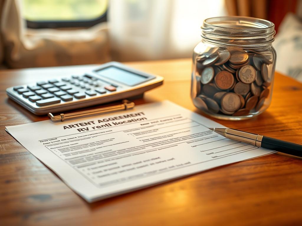 A close-up shot of an RV rental agreement on a wooden table, with a calculator and a savings jar filled with coins in the background. The scene should convey a sense of smart budgeting and planning for an RV adventure, with warm lighting to create an inviting atmosphere.