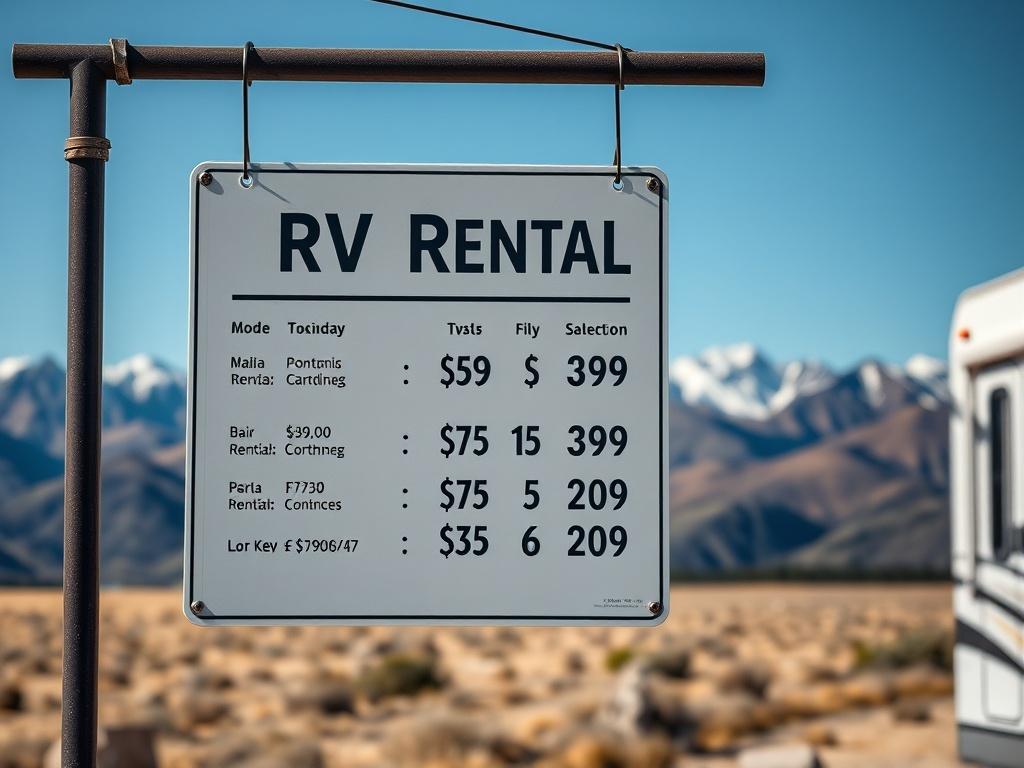 A close-up shot of an RV rental pricing sign displayed prominently at a rental location. The sign should have clear pricing details and be set against a beautiful backdrop of mountains or open fields, emphasizing the travel theme.