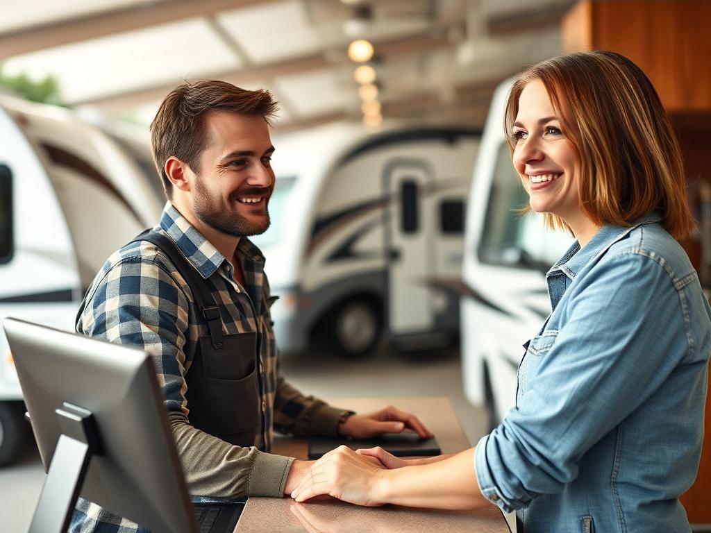 A friendly staff member assisting a customer at an RV rental desk, showcasing a warm and welcoming atmosphere. The background should feature RVs lined up, highlighting the rental service. The image should convey a sense of trust and helpfulness.