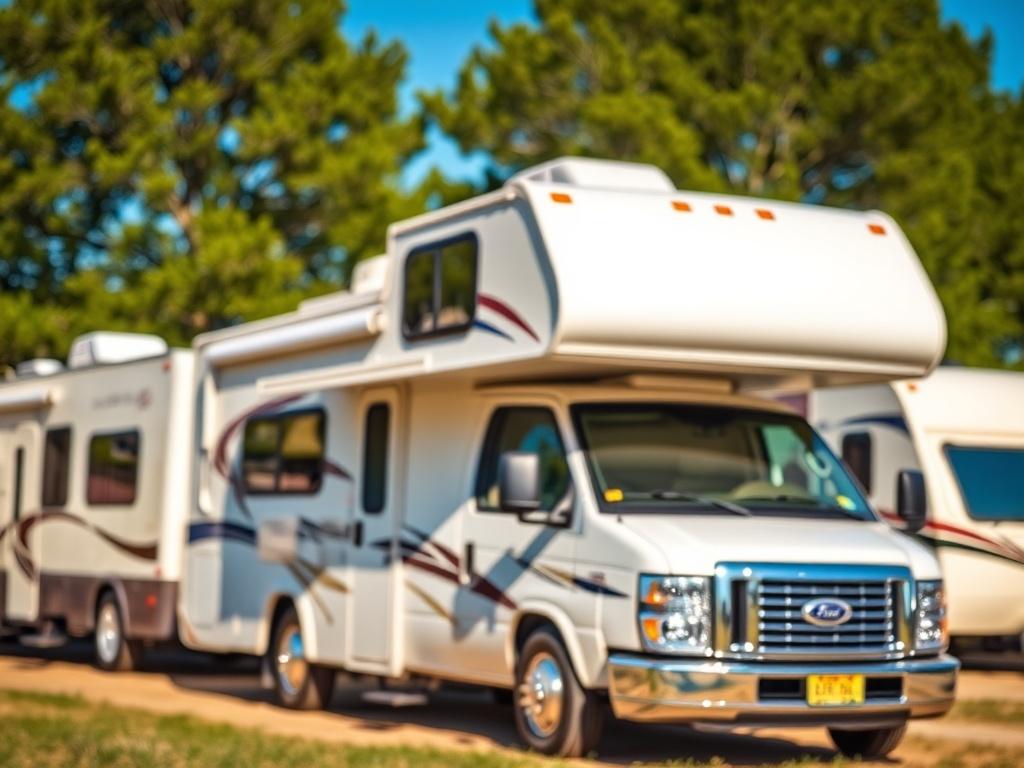 A realistic high-resolution photo of a diverse range of RVs available for rental, parked in a scenic outdoor setting. The focus should be on one RV, showcasing its exterior features. The background should have clear blue skies and green trees, creating a vibrant atmosphere.