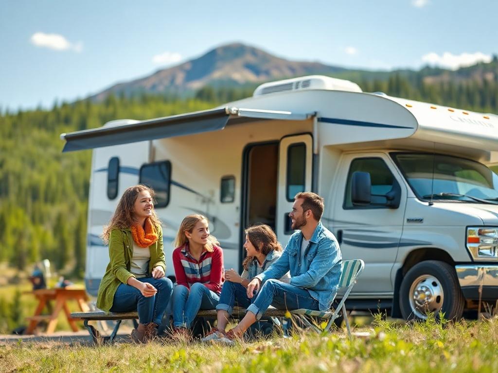 A realistic high-resolution photo of a family enjoying a camping experience outside an RV in the picturesque Alberta landscape. Focus on the family smiling and interacting with nature, with the RV parked nearby. The background should feature lush greenery and a bright blue sky, capturing the essence of outdoor adventure. Shot with a 45mm f/1.2 lens style, emphasizing warmth and joy in the scene.