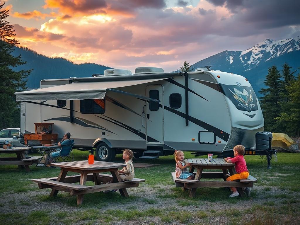 A spacious RV set up at a family-friendly campsite in Alberta, featuring picnic tables and children playing nearby. The scene conveys warmth and togetherness, with the RV prominently displayed against a backdrop of Alberta’s natural beauty, showcasing a family enjoying their outdoor adventure.