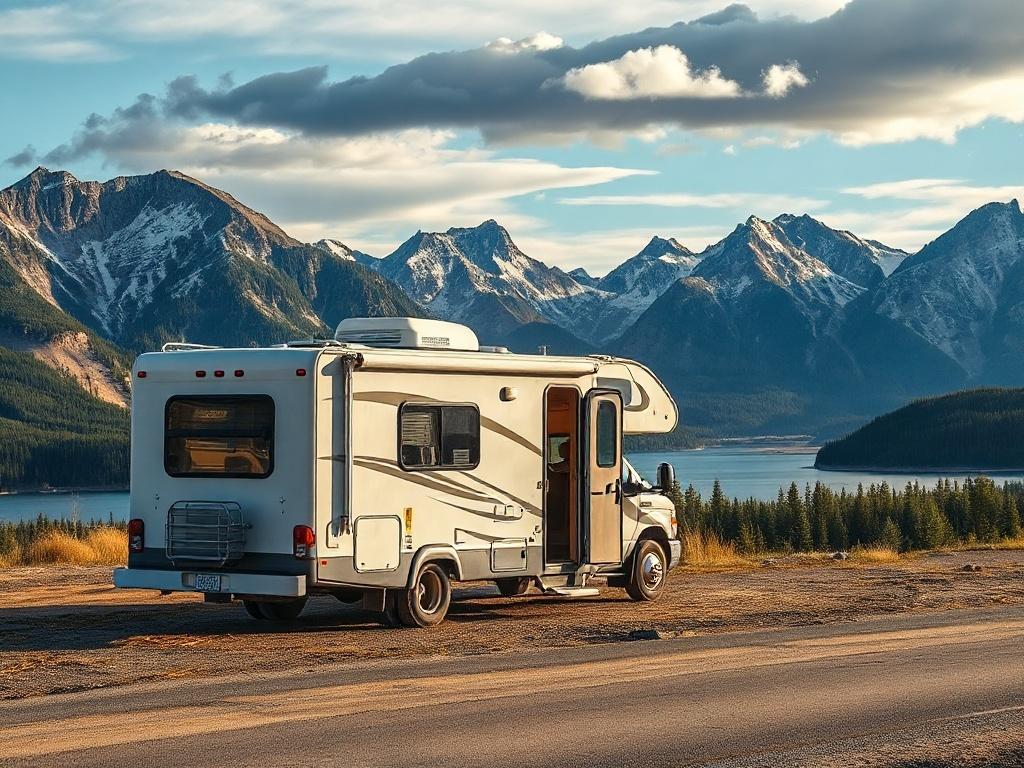 An RV parked at a picturesque Alberta location, featuring a stunning view of mountains and lakes. The image captures the essence of an extended camping adventure, showcasing the RV as a home away from home, surrounded by nature’s beauty and tranquility.