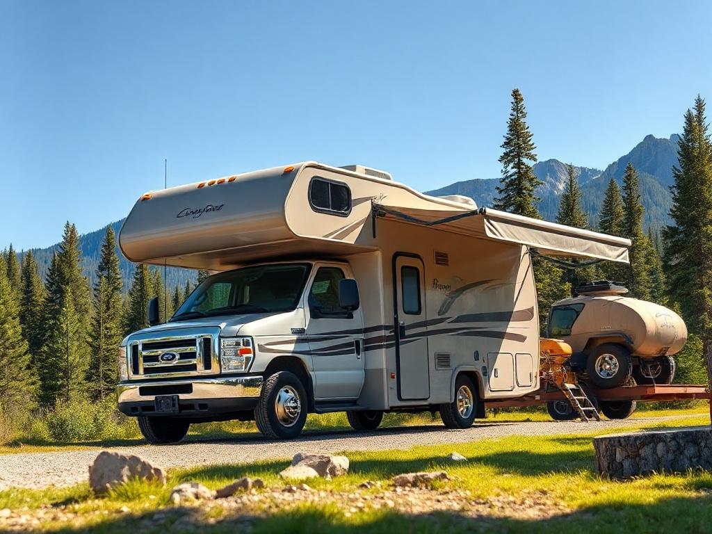 A well-equipped RV parked in a scenic Alberta campground, surrounded by trees and mountains. The focus is on the RV, showcasing its features, with a clear blue sky in the background. The image captures a sense of adventure and family-friendly atmosphere, highlighting the beauty of Alberta's nature.