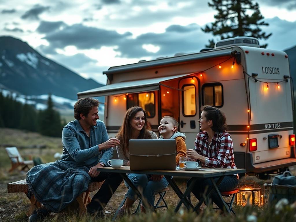 A family happily discussing their RV rental plans at a cozy campsite, with a beautiful Alberta landscape in the background. The focus should be on the family's joyful expressions and the RV parked nearby. The image should capture the essence of family camping and the excitement of planning an adventure.