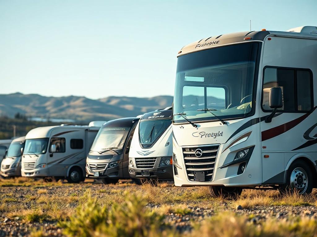 A close-up shot of a diverse range of RVs parked in a scenic Alberta landscape, showcasing their features. The RVs should be well-lit, highlighting their modern designs. The background should include a clear sky and rolling hills, enhancing the outdoor camping vibe. The composition should focus on the RVs, with the natural surroundings complementing the image.