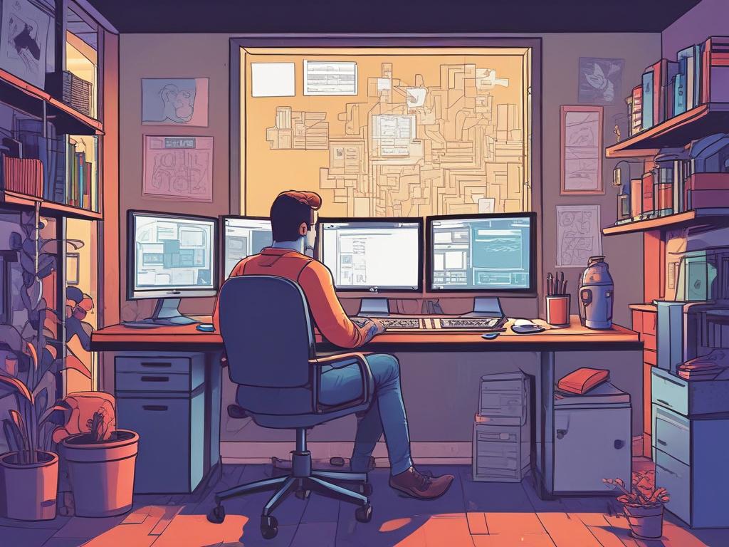 Create a high-quality illustration of a developer working on a .NET application in an MVC framework. The developer is seated at a sleek, modern desk with multiple screens displaying code and app designs. The background is a vibrant office space with elements like plants and tech gadgets, enhancing the creative environment. The color palette should focus on greens and blues, reflecting the primary color rgb(4, 128, 50), with a dynamic and stylish comic drawing style.