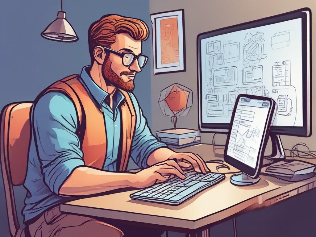 Create a high-quality illustration of a developer integrating an API into a .NET application. The developer should be focused and engaged with their work, sitting at a modern desk with a laptop open displaying code. The background should be a clean, minimalistic workspace with soft lighting and a few tech-related items like books and a plant for a touch of greenery, all rendered in a vividly colored comic drawing style. The primary color should be rgb(4, 128, 50).
