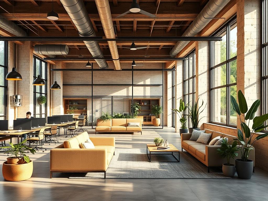 A modern office space designed for collaboration and productivity. The layout includes open workstations, comfortable seating areas, and glass partitions that promote transparency. Natural light floods the room through large windows, and plants are strategically placed for a vibrant touch. The color palette features earthy tones and sleek, minimalistic furniture, creating a professional yet inviting atmosphere.