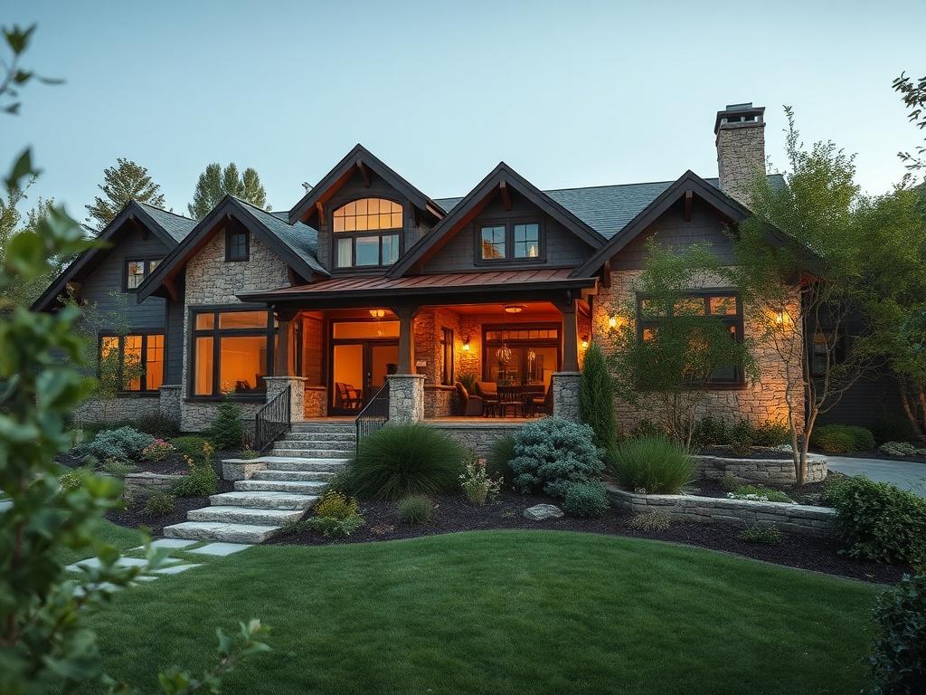 A stunning exterior view of a custom-designed home surrounded by lush greenery. The house features a blend of modern and rustic architecture, with large windows, a welcoming porch, and natural stone accents. The landscape includes carefully curated plants and trees that complement the home’s aesthetic. Soft, ambient lighting enhances the home's charm, creating an inviting atmosphere in the evening.