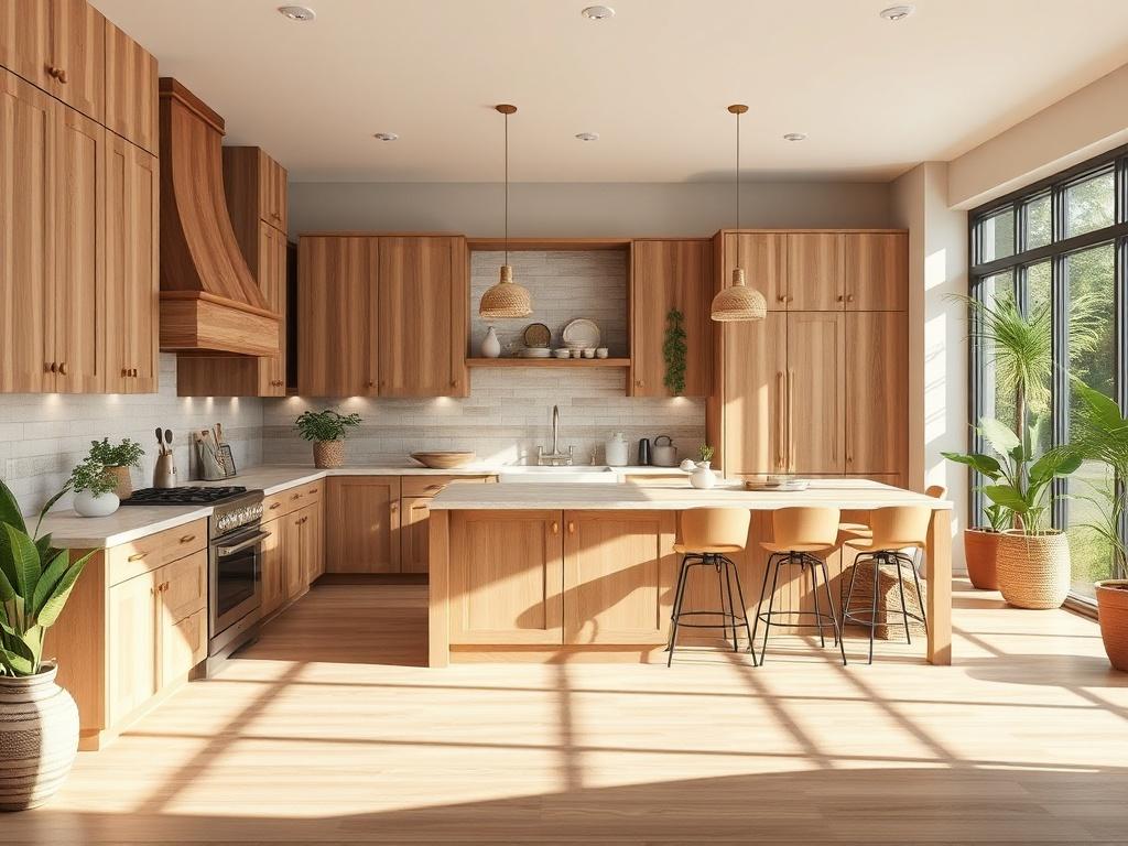 A beautifully renovated kitchen showcasing a blend of modern and rustic design elements. The kitchen features natural wood cabinetry, a large farmhouse sink, and a spacious island with bar stools. Soft, warm lighting illuminates the space, highlighting earthy textures and a clean aesthetic. The background includes potted plants and natural light coming through large windows, creating an inviting atmosphere.
