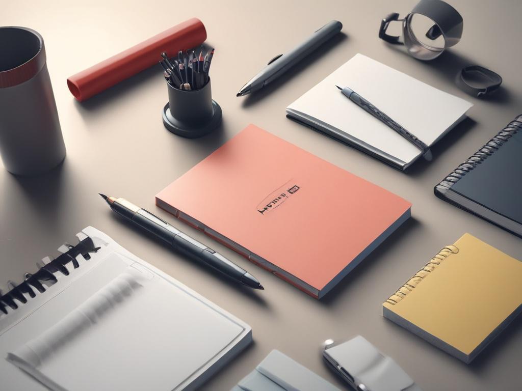 A hyper-realistic close-up shot of a sleek, modern office stationery set, including a stylish pen, a notepad with a clean design, and a paperclip, all arranged neatly on a wooden desk. The background should be softly blurred to emphasize the stationery items in focus, with a warm, inviting light illuminating the scene. The primary color theme should reflect a vibrant green (rgb(50, 170, 39)), adding a fresh touch to the overall aesthetic.