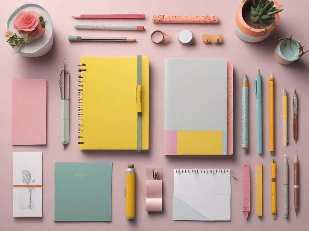 A close-up shot of an elegant craft stationery set, featuring beautifully designed notebooks, vibrant colored pens, and decorative washi tapes. The composition should focus solely on these stationery items, arranged aesthetically on a soft, textured surface. The background should be subtly blurred to emphasize the stationery, with a warm, inviting color palette that complements the rgb(50, 170, 39) primary color. The image should be rendered in high-resolution with a hyper-realistic style, capturing the int