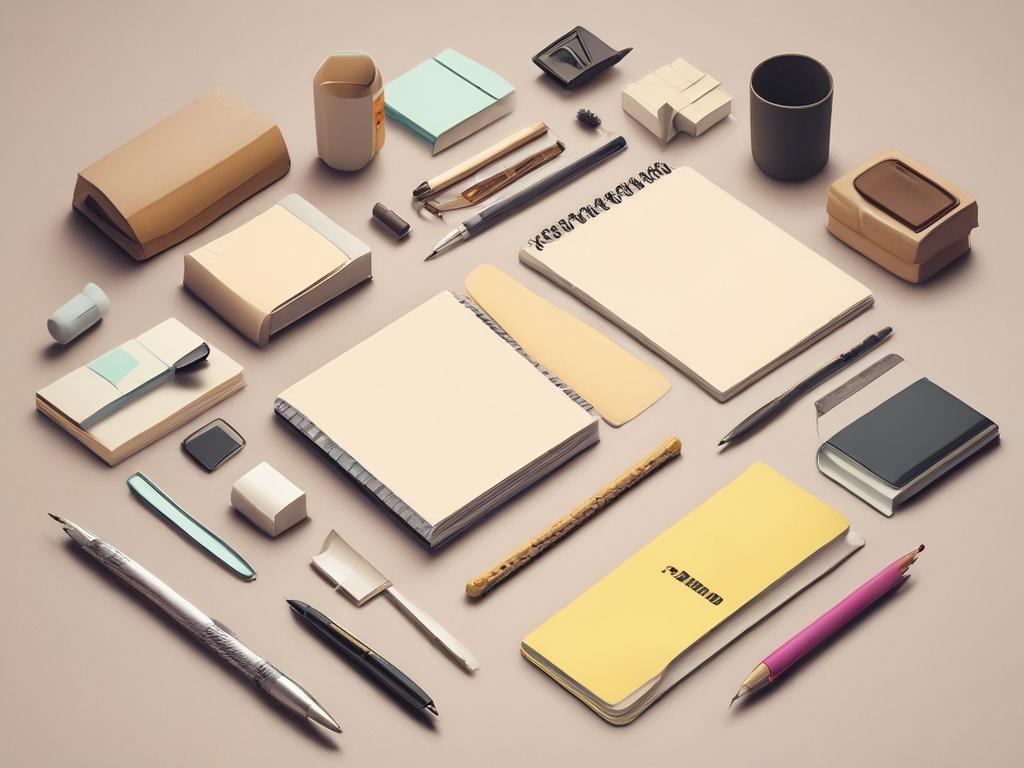 A realistic high-resolution image of a beautifully arranged collection of assorted stationery products including notebooks, pens, and sticky notes. The composition should focus on a single notebook in the center, with a colorful set of pens and bright sticky notes artfully arranged around it. The background should be a soft, blurred gradient of white and light green to complement the vibrant colors of the stationery. The notebook should have a textured cover, showcasing intricate designs, while the pens sho