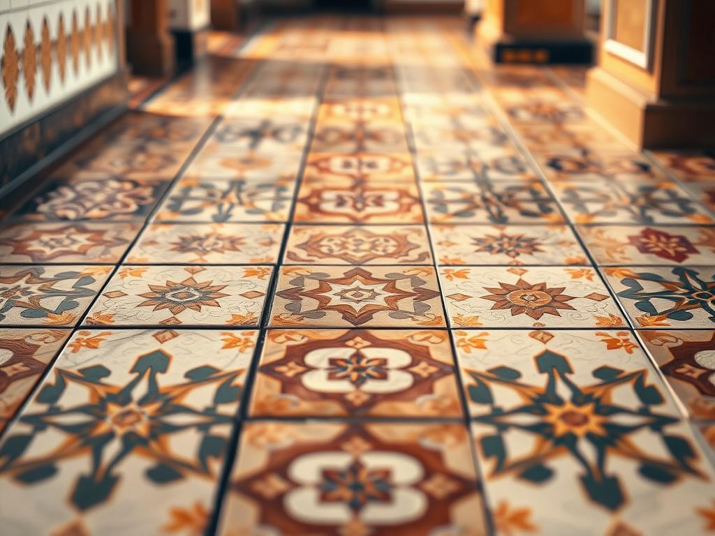 A hyper-realistic close-up shot of a beautifully tiled floor, showcasing various patterns and textures of tiles. The image should focus on the intricate details of the tiles, with a soft, blurred background that enhances the colors of the tiles. The lighting should be warm and inviting, creating a cozy atmosphere. The image should reflect a professional and modern aesthetic, compatible with the #1C6220 primary color.