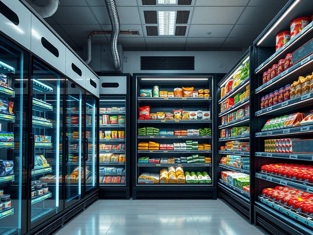 A hyper-realistic close-up shot of a modern refrigerated storage room, showcasing high-tech cooling units and shelves filled with various perishable goods. The image should emphasize the sleek design and functionality of the cold storage, with a focus on the cooling systems. The background should be clean and professional, utilizing a color palette that includes deep blue, white, and emerald green, while adhering to an RGB color scheme of rgb(2, 86, 197). Use a 45mm f/1.2 lens style for a sharp focus on the