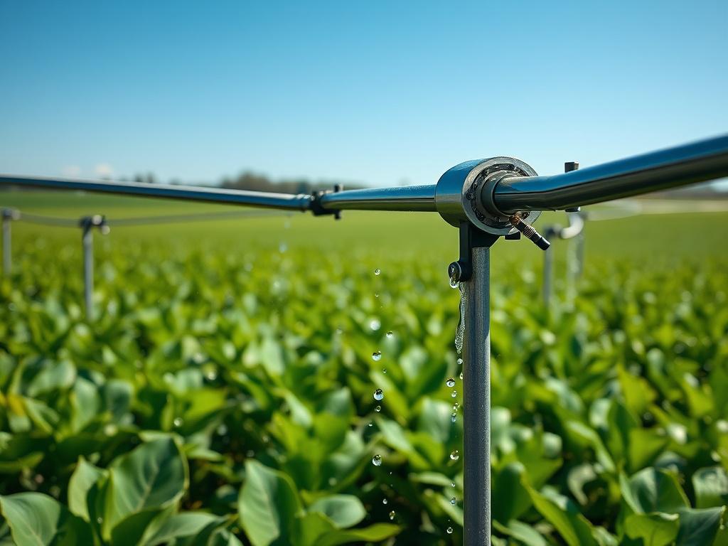 A close-up shot of a modern irrigation system in a lush green field, showcasing the water distribution mechanism. The background includes healthy crops, with a clear blue sky above. The image should capture the efficiency and technology of the irrigation system, highlighting water droplets in motion. The composition should be simple and focused on the irrigation system, with vibrant colors that contrast with the primary color #1C6220.