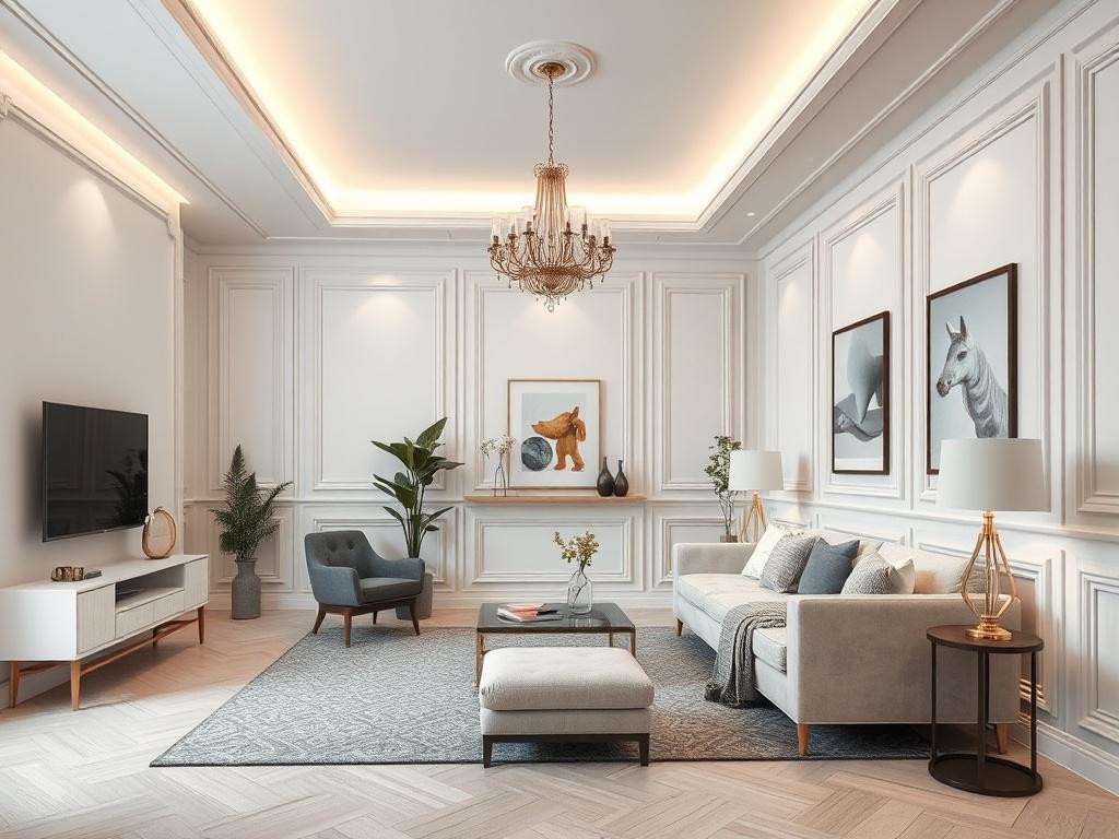 A realistic high-resolution photo of a beautifully decorated interior room featuring elegant gyproc installations. The room should have a modern design with soft lighting, showcasing elements such as stylish furniture, wall art, and a cozy ambiance. Use a 45mm f/1.2 lens style to capture the fine details of the gyproc work and the overall decor. The background should be minimalistic to emphasize the beauty of the interior design.